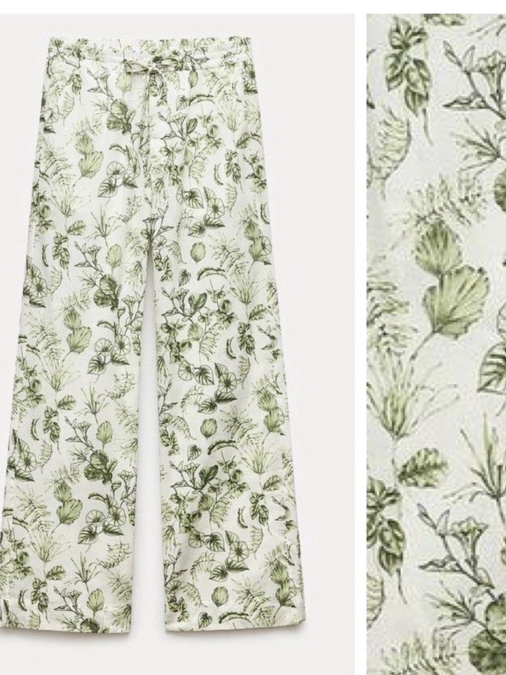 Zara Cream Wide-Leg Pants with Green Botanical Print - Picture 3 of 10